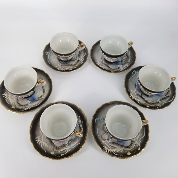 Dragon Ware Japanese Moriage Tutani Set 6 Demitasse Coffee Cup Saucer - Picture 9 of 14